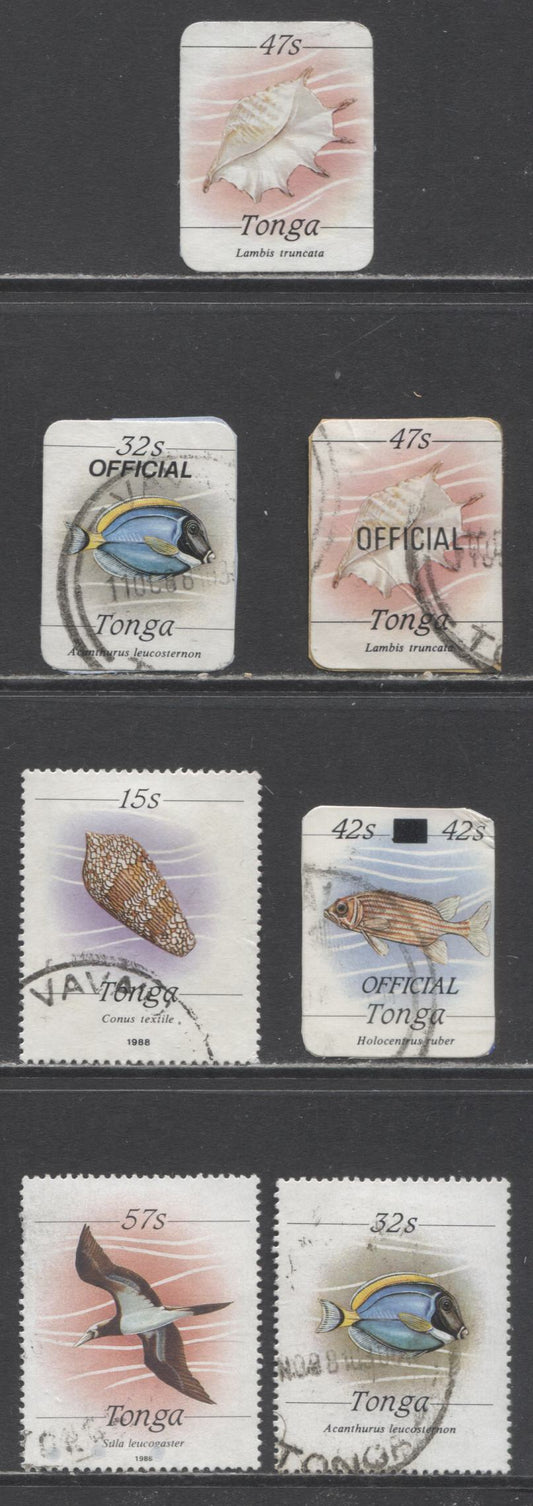 Lot 45 Tonga SC#575/O73 1984-1988 Shells/Fish, Marine Life & Overprints, 7 Very Fine Used Singles, Click on Listing to See ALL Pictures, 2017 Scott Cat. $11.2