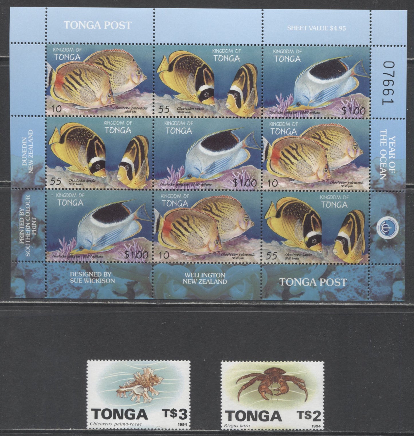 Lot 47 Tonga SC#881/1008 1994-1998 Marine Life Redrawn - Fish Issues, 3 VFNH Singles & Souvenir Sheet, Click on Listing to See ALL Pictures, 2017 Scott Cat. $21.5