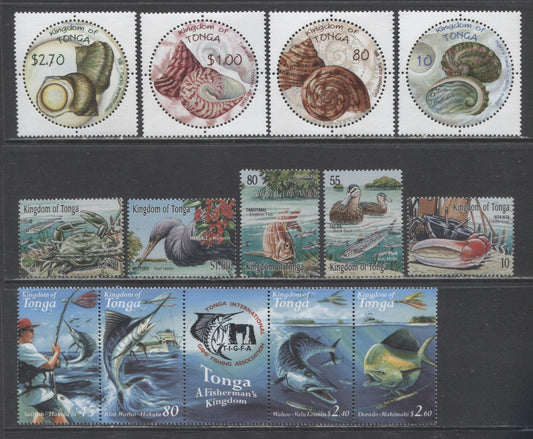 Lot 48 Tonga SC#1048/1058 2001 Yar Of The Mangrove, Sport Fishing & Shell Issues, 9 VFNH Singles & Strip Of 4, Click on Listing to See ALL Pictures, 2017 Scott Cat. $21