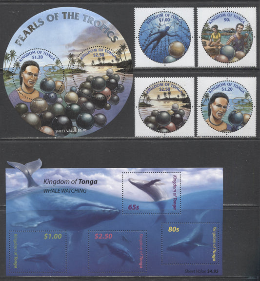 Lot 49 Tonga SC#1066/1143 2002-2005 Pearls & Whale Issues, 6 VFNH Singles & Souvenir Sheets, Click on Listing to See ALL Pictures, 2017 Scott Cat. $17.75