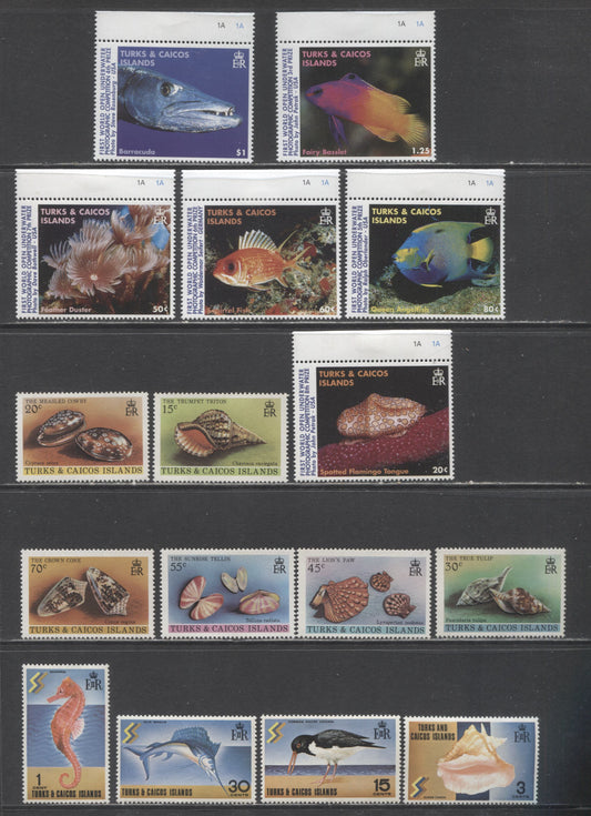 Lot 51 Turks & Caicos SC#232/1253 1971-1998 Tourist Publicity, Shells & Marine Life Issues, 16 VFNH/OG Singles, Click on Listing to See ALL Pictures, 2017 Scott Cat. $18.65