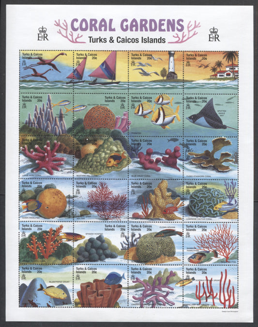 Lot 52 Turks & Caicos SC#1274 20c Multicolored 1999 Coral Gardens Issue, A VFNH Souvenir Sheet Of 24, Click on Listing to See ALL Pictures, 2017 Scott Cat. $24