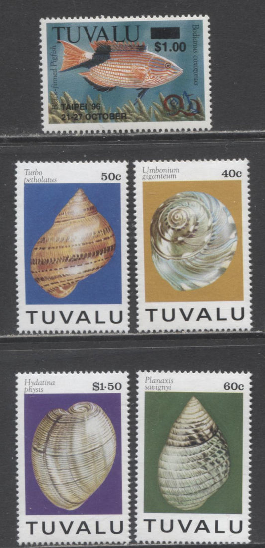 Lot 63 Tuvalu SC#671/716 1994-1996 Seashells & Fish Surcharge Issues, 5 VFOG/NH Singles, Click on Listing to See ALL Pictures, 2017 Scott Cat. $8.7