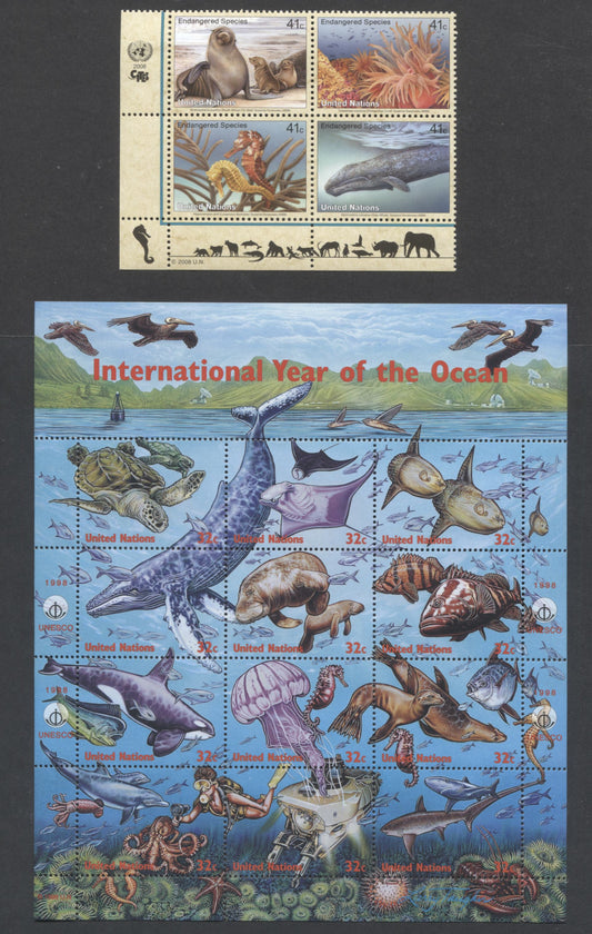 Lot 76 United Nations - New York SC#734/952a 1998 Year Of The Ocean & Endangered Species Issues, 2 VFNH/OG Block Of 4 & Souvenir Sheet, Click on Listing to See ALL Pictures, 2017 Scott Cat. $16.5