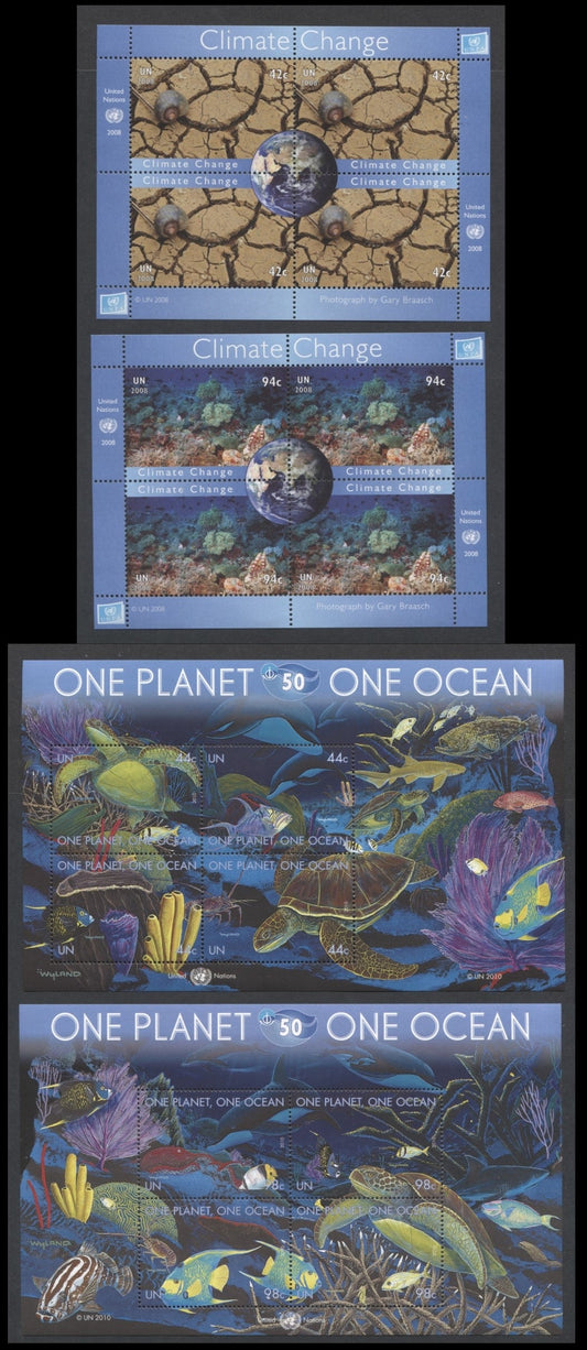 Lot 77 United Nations - New York SC#968/1004 2008-2010 Climate Change - One Planet, One Ocean Issues, 4 VFNH Souvenir Sheets, Click on Listing to See ALL Pictures, 2017 Scott Cat. $26.35