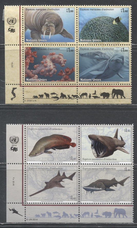 Lot 84 United Nations - Vienna SC#483a/593a 2008-2014 Endangered Species Issues, 2 VFNH Blocks Of 4, Click on Listing to See ALL Pictures, 2017 Scott Cat. $22