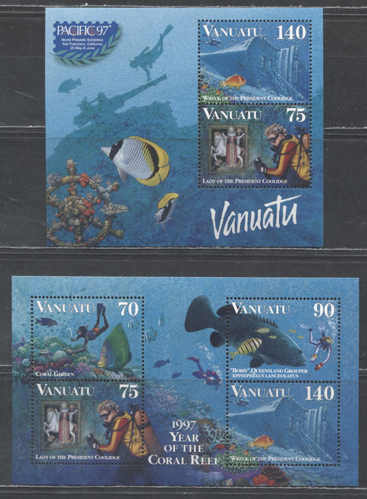 Lot 90 Vanuatu SC#696a-696b 1997 Diving Issue, 2 VFNH Souvenir Sheets, Click on Listing to See ALL Pictures, 2017 Scott Cat. $18
