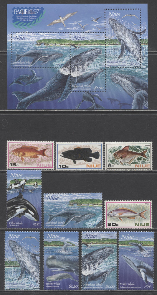 Lot 9 Niue SC#156/700a 1973-1997 Fish - Humpback Whales Issues, 10 VFNH/OG Singles & Souvenir Sheet, 2017 Scott Cat. $17