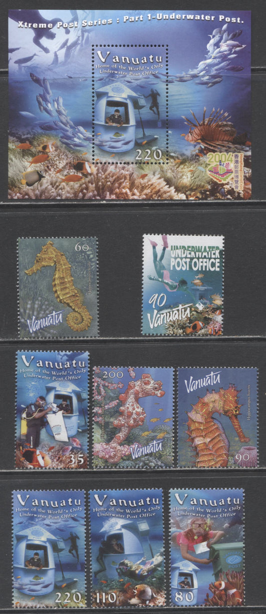 Lot 93 Vanuatu SC#837/848a 2003-2004 Underwater PO, Seahorses & Activities Of Underwater PO Issues, 9 VFNH Singles & Souvenir Sheet, Click on Listing to See ALL Pictures, 2017 Scott Cat. $21