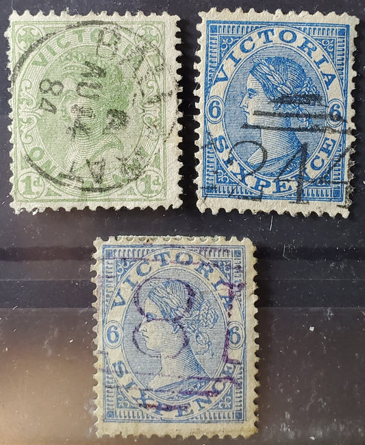 Lot 311 Australia - Victoria SC#116/141 1867-1884 Queen Victoria Keyplates, Wmk V Over Crown, All With SON CDS & Numeral Cancels, 3 VG, F & VF Used Singles, Click on Listing to See ALL Pictures, Estimated Value $25