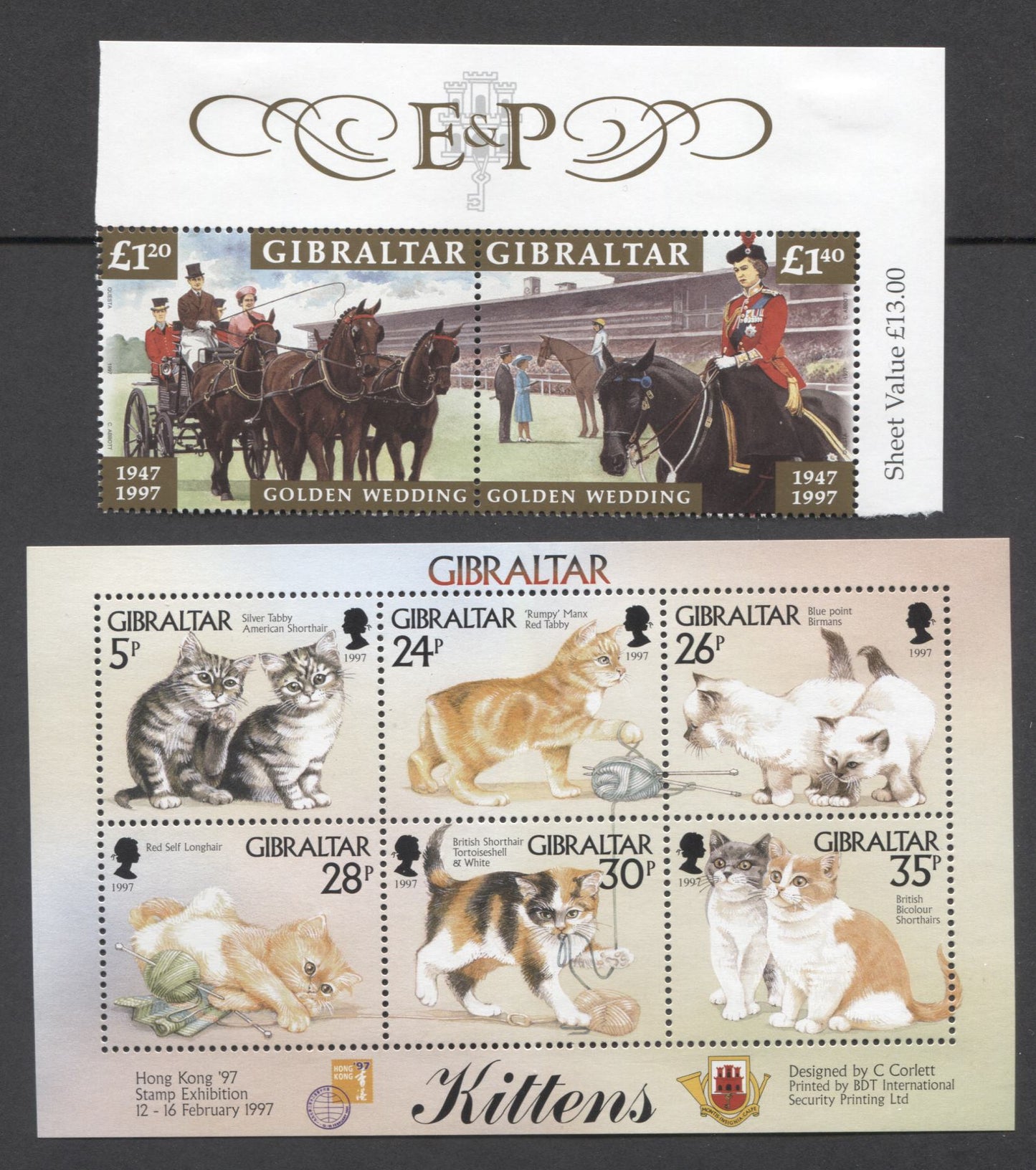 Lot 10 Gibraltar SC#726/734a 1997 Kittens & 50th Wedding Anniversary Issues, 2 VFNH/OG Souvenir Sheets, Click on Listing to See ALL Pictures, 2017 Scott Cat. $18.75