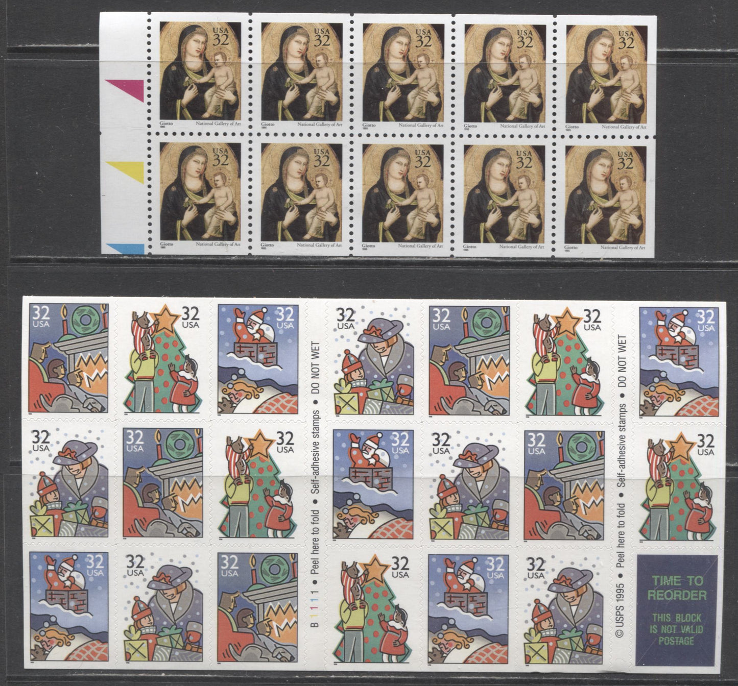 Lot 104 United States SC#3003Ab/3112a 1995-1996 Christmas Issues, 2 VFNH Blocks Of 10 & 20, Click on Listing to See ALL Pictures, 2017 Scott Cat. $19.5