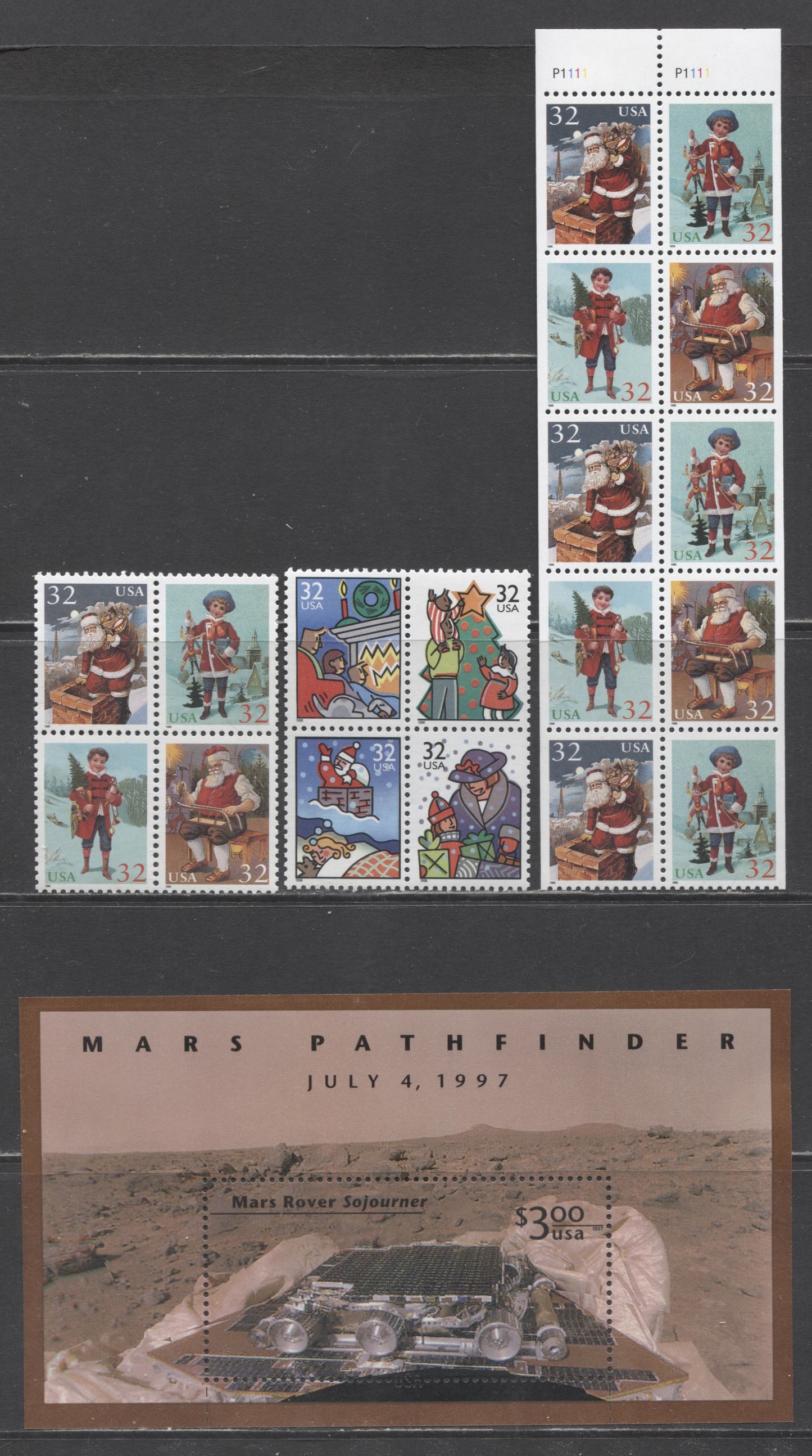 Lot 109 United States SC#3007a/3111a 1995-1997 Christmas & Mars Rover Sojourner Issues, 3 VFNH Souvenir Sheet, Blocks Of 4 & 10, Click on Listing to See ALL Pictures, 2017 Scott Cat. $17.7
