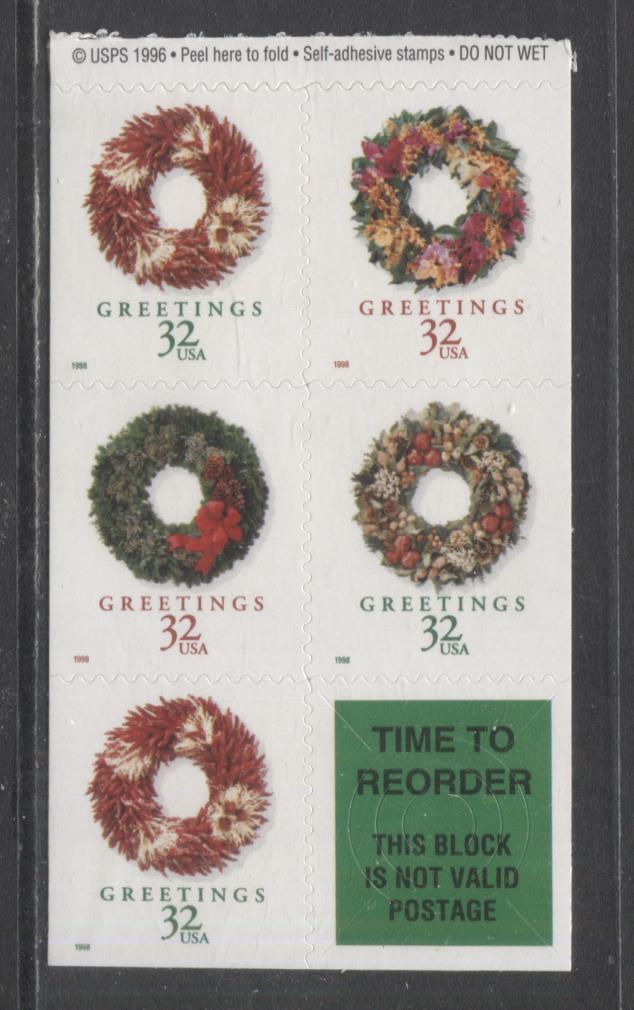 Lot 112 United States SC#3248b 32c Multicolored 1998 Christmas Issue, A VFNH Pane Of 5+Label, Click on Listing to See ALL Pictures, 2017 Scott Cat. $21.5