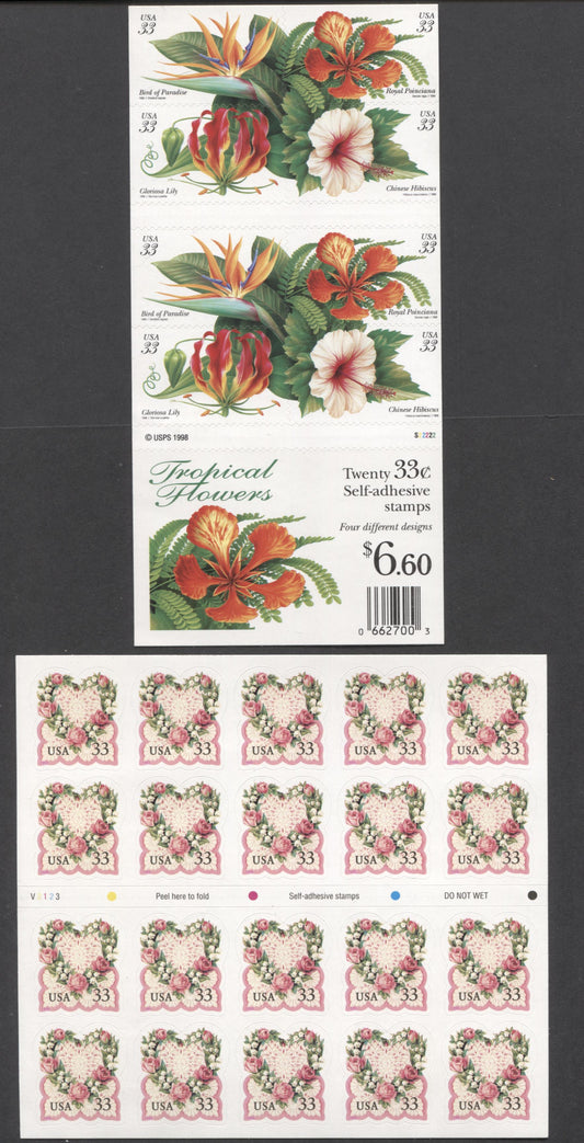 Lot 133 United States SC#3274a/3313b 1999 Love & Tropical Flowers Issues, Tropical Flowers Are A Double-Sided Booklet, 2 VFNH Booklets Of 20, Click on Listing to See ALL Pictures, 2017 Scott Cat. $26