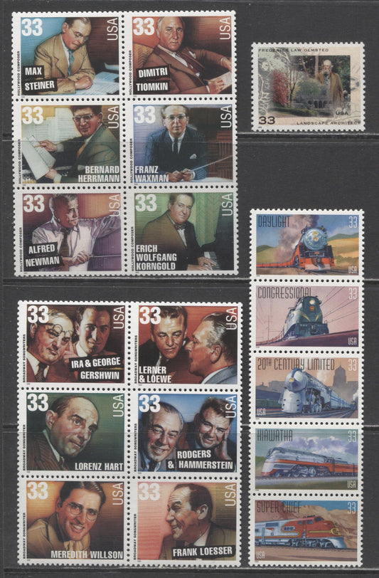 Lot 140 United States SC#3337a/3350a 1999 Famous Trains, Frederick Law Olmstead & American Music Series Issues, 4 VFNH Single, Strip Of 5 & Blocks Of 6, Click on Listing to See ALL Pictures, 2017 Scott Cat. $14.9