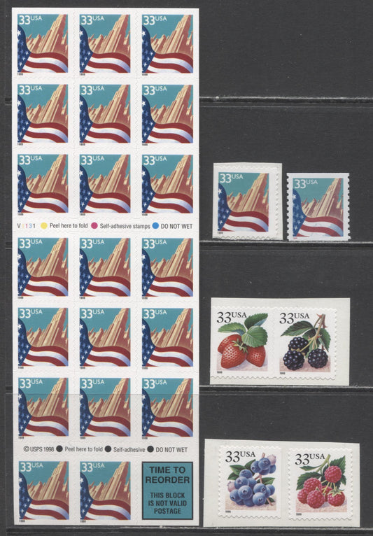 Lot 142 United States SC#3278e/3408 1999-2000 Flag/City & Berries Issues, 5 VFNH Singles, Pairs & Booklet Of 20, Click on Listing to See ALL Pictures, 2017 Scott Cat. $22.5