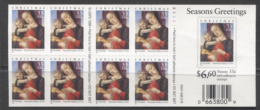 Lot 147 United States SC#3355a (BC150)  1999 Christmas Issue, Double-Sided Booklet, A VFNH Booklet Of 20, 2017 Scott Cat. $18