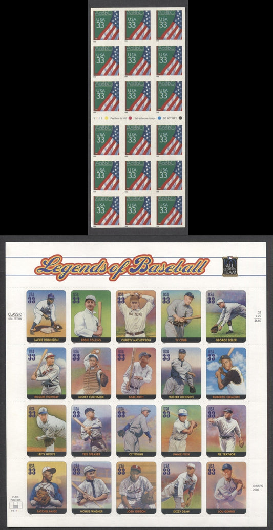 Lot 150 United States SC#3283a/3408 1999-2000 Flag/Chalkboard & Legends Of Baseball Issues, 2 VFNH Panes Of 18 & 20, 2017 Scott Cat. $25