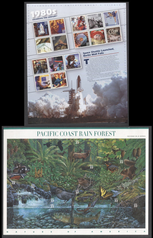 Lot 158 United States SC#3190/3378 1998-2000 Decades (1980s) & Pacific Coast Rainforest Issue, 2 VFNH Sheets Of 10 & 15, Click on Listing to See ALL Pictures, 2017 Scott Cat. $21