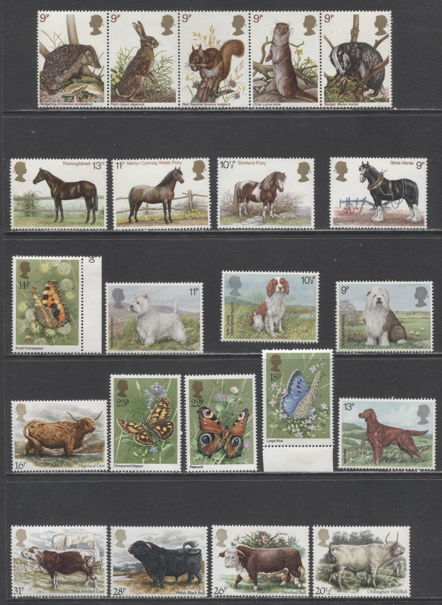 Lot 16 Great Britain SC#820a/1052 1977-1984 Wildlife Protection, Shire Horses, English Sheep Dog, Butterflies & Cattle Breeders Association Issues, 18 VFNH/OG Singles & Strip Of 4, Click on Listing to See ALL Pictures, 2017 Scott Cat. $12.8