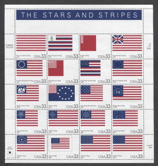 Lot 161 United States SC#3403 33c Multicolored 2000 Stars/Stripes Issue, A VFNH Pane Of 20, Click on Listing to See ALL Pictures, 2017 Scott Cat. $15