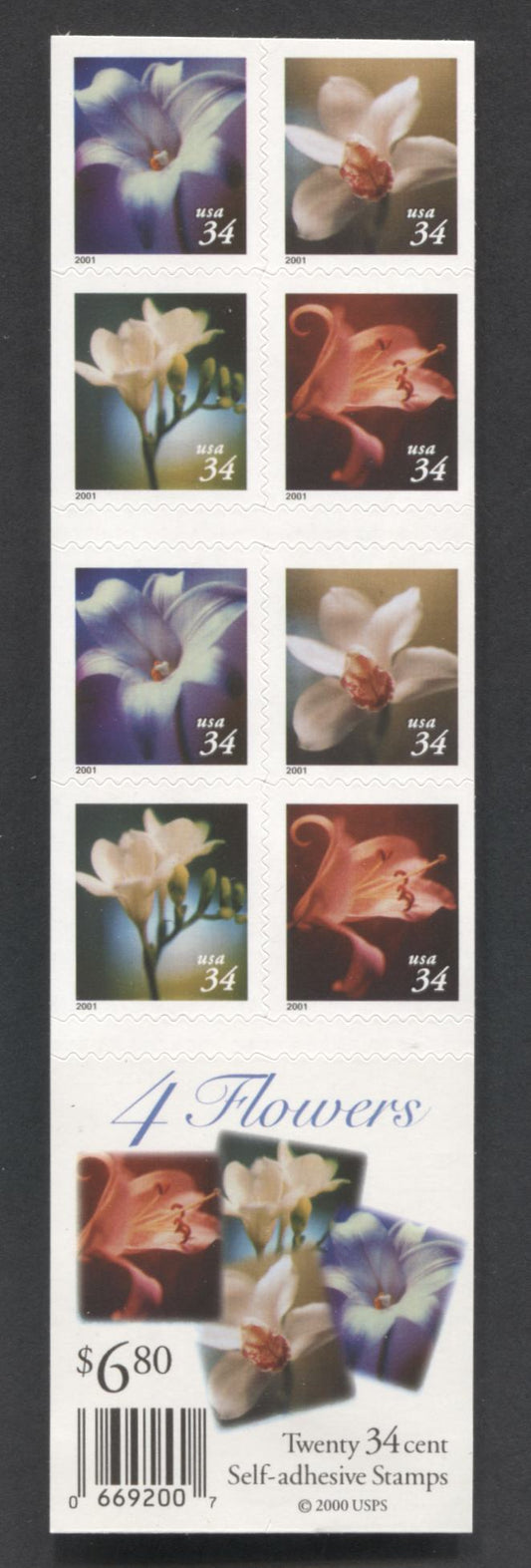 Lot 163 United States SC#3490e  2001 Flowers Issue, Double-Sided Booklet, A VFNH Booklet Of 20, Click on Listing to See ALL Pictures, 2017 Scott Cat. $20