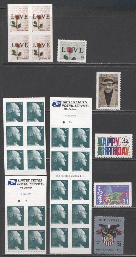 Lot 179 United States SC#3496/3618c 2001-2002 Love, George Washington, Black Heritage, Happy Birthday, Chinese New Year & US Military Academy Issues, 8 VFNH Singles, Block Of 4, Pane Of 4/6 & Booklet Of 10, 2017 Scott Cat. $14.7