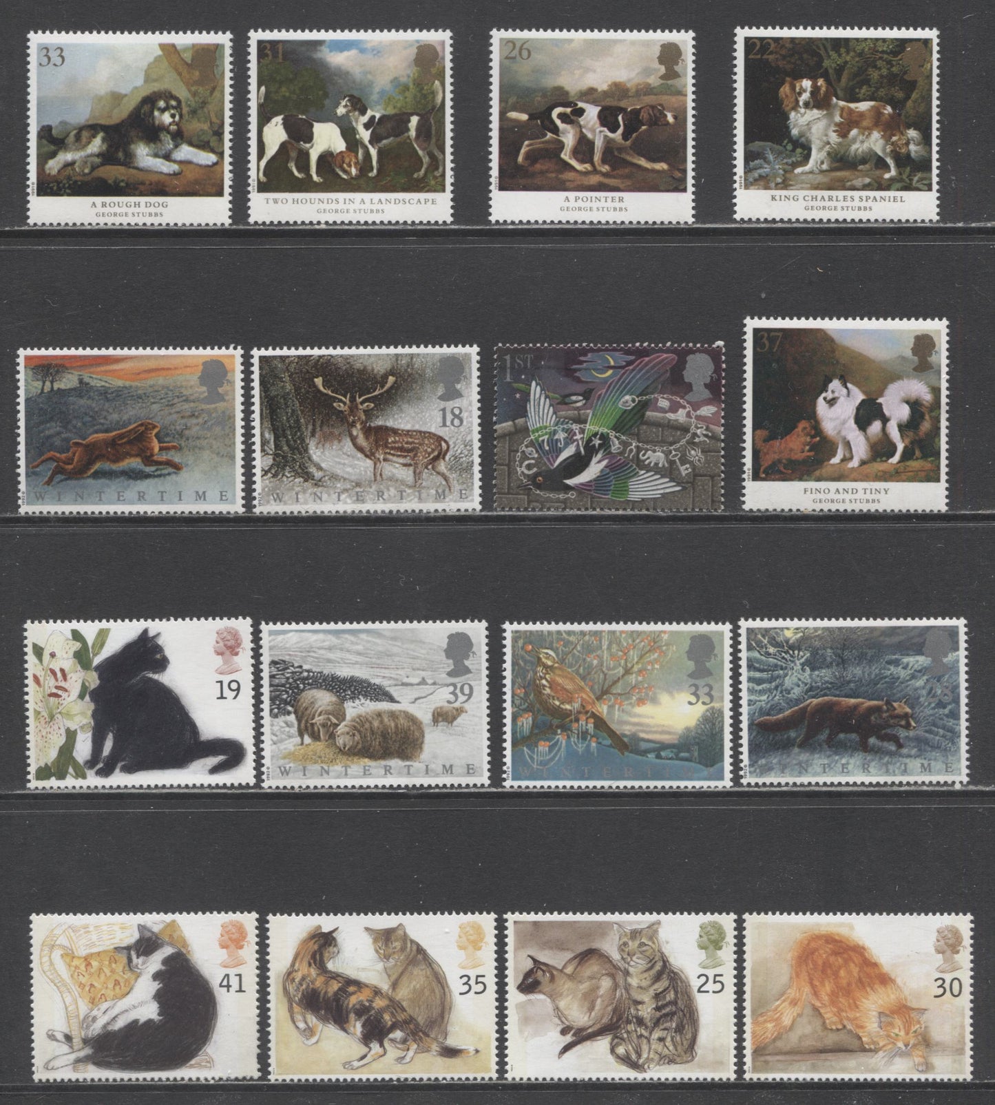 Lot 18 Great Britain SC#1345/1590 1991-1995 Dogs, Symbols Of Good Luck, Animals In Winter & Cats Issues, 16 VFNH/OG Singles, Click on Listing to See ALL Pictures, 2017 Scott Cat. $18.5