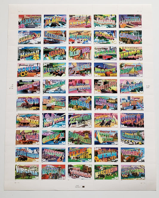 Lot 183 United States SC#3745a 34c Multicolored 2002 Greetings From America Issue, A VFNH Sheet Of 50, Click on Listing to See ALL Pictures, 2017 Scott Cat. $37.5