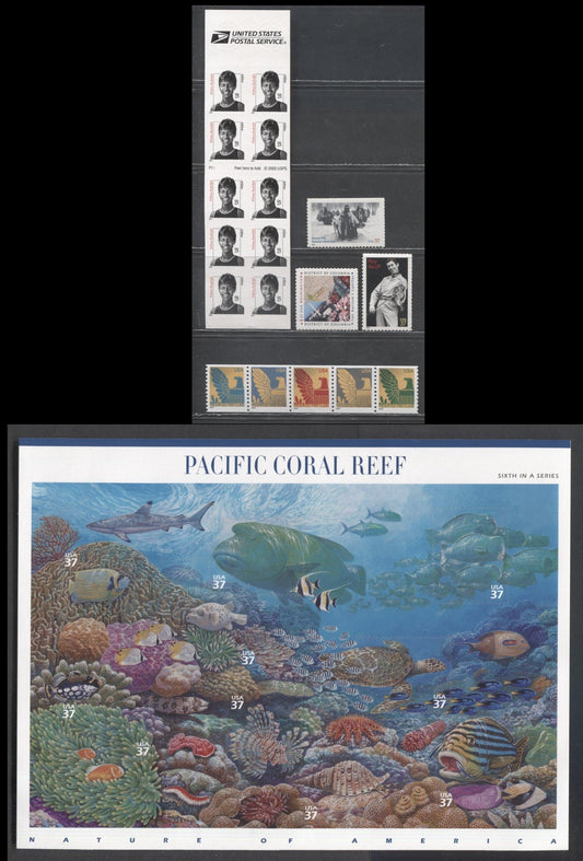 Lot 191 United States SC#3436c/3853 2000-2004 Distinguished Americans / Pacific Coral Reef Issues, 10 VFNH Singles, Strip Of 5, Booklet & Sheet Of 10, Click on Listing to See ALL Pictures, 2017 Scott Cat. $16.75