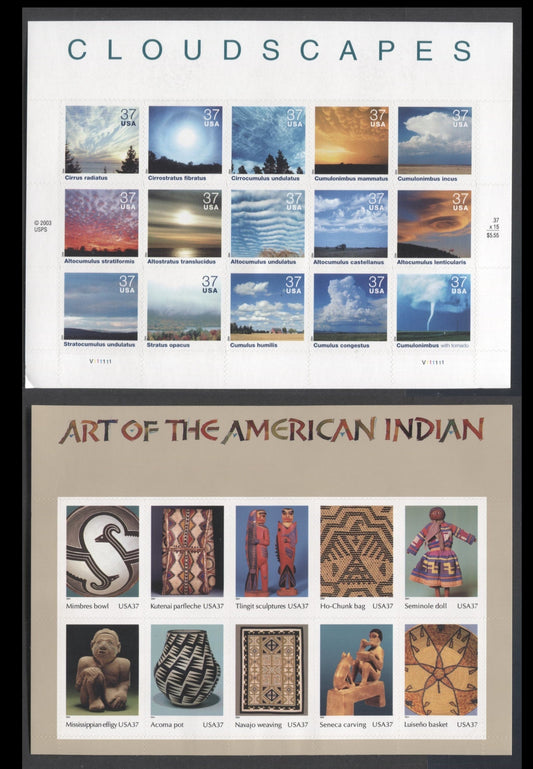 Lot 195 United States SC#3873/3878 2004 Art Of The American Indians & Cloudscapes Issues, 2 VFNH Sheets Of 10 & 15, Click on Listing to See ALL Pictures, 2017 Scott Cat. $20