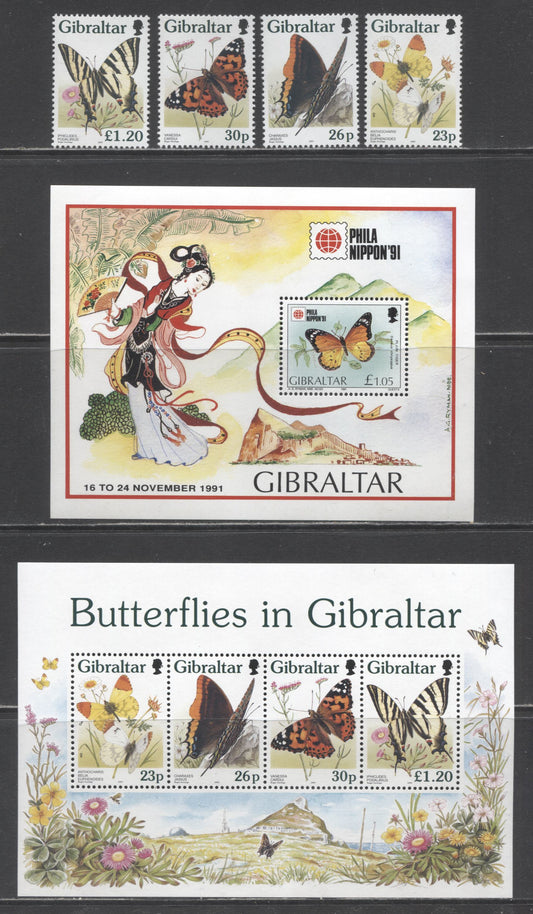 Lot 2 Gibraltar SC#604/731a 1991-1992 Phila Nippon & Butterfly Issues, 5 VFNH Singles & Souvenir Sheet, 2017 Scott Cat. $19.25