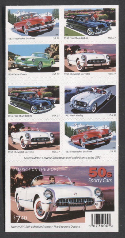 Lot 207 United States SC#3935b 37c Multicolored 2005 Sporty Cars Of The 1950s Issue, Double-Sided Booklet, A VFNH Booklet Of 20, Click on Listing to See ALL Pictures, 2017 Scott Cat. $18