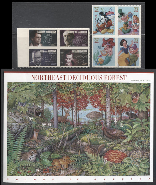 Lot 209 United States SC#3899/3915c 2005 Northeast Deciduous Forest, American Scientists & Art Of Disney: Celebration Issues, 3 VFNH Blocks Of 4 & Sheet Of 10, Click on Listing to See ALL Pictures, 2017 Scott Cat. $15