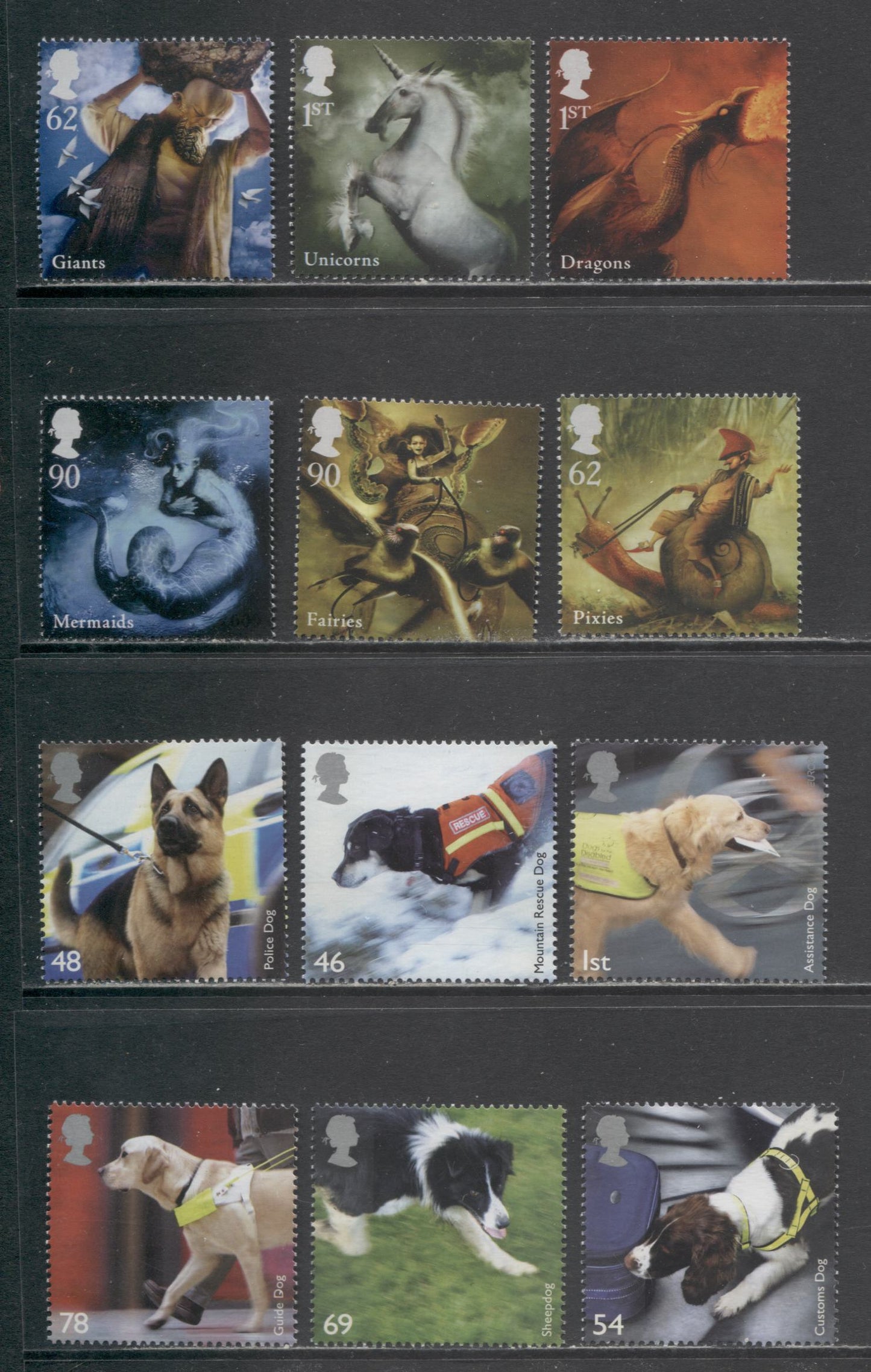 Lot 21 Great Britain SC#2539/2678 2008-2009 Working Dogs - Mythical Creatures Issues, 11 VFNH Singles, Click on Listing to See ALL Pictures, 2017 Scott Cat. $26.95