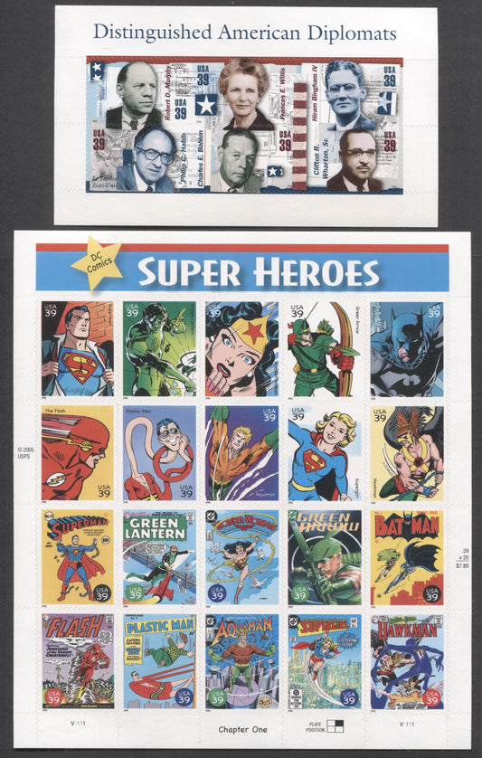 Lot 225 United States SC#4076/4084 2006 Distinguished American Diplomats - Superheroes Issues, 2 VFNH Sheets Of 6 & 20, Click on Listing to See ALL Pictures, 2017 Scott Cat. $22