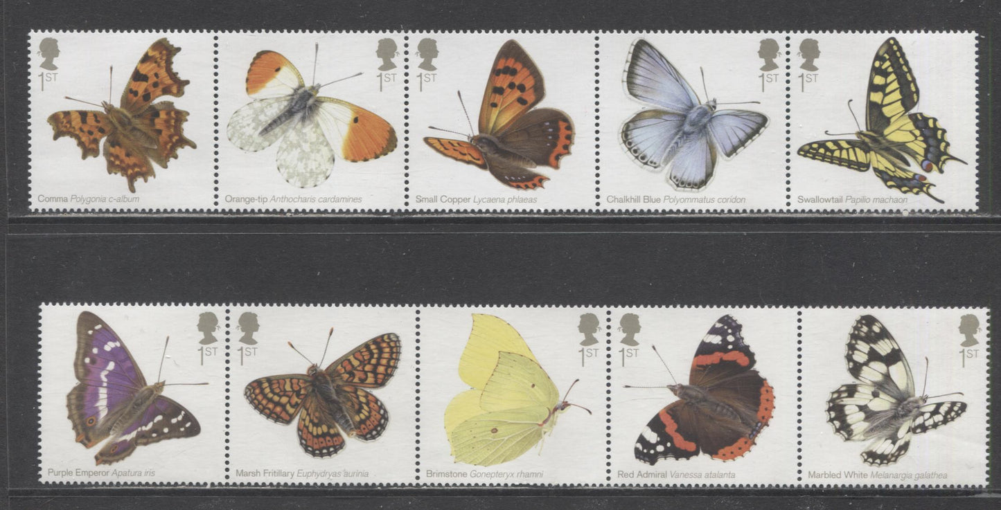 Lot 26 Great Britain SC#3203a-3208a 2013 Butterflies Issue, 2 VFNH Strips Of 5, Click on Listing to See ALL Pictures, 2017 Scott Cat. $19