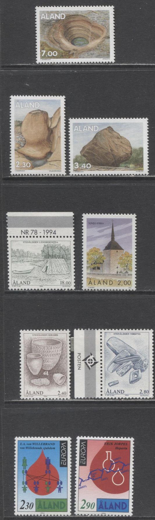 Lot 276 Aland SC#82/107 1994-2000 Europa, Stone Age, Churches & Stones Issues, 9 VFNH Singles, Click on Listing to See ALL Pictures, 2017 Scott Cat. $24.65