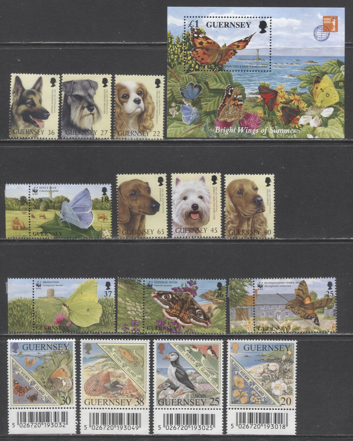 Lot 29 Great Britain - Guernsey SC#586/941 1997-2001 Butterflies & Moths, Herm Island & Dogs Issues, 15 VFOG/NH Singles & Souvenir Sheet, Click on Listing to See ALL Pictures, 2017 Scott Cat. $18.15