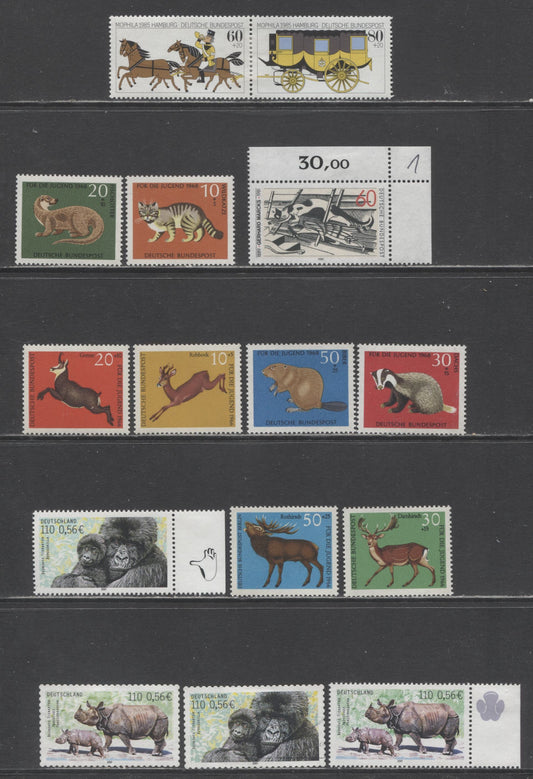 Lot 3 Germany SC#1571/B635a 1966-2001 Deer, Airmail, Mophila '85,  Cats In The Attic & Endangered Species Issues, 14 VFNH/OG Singles, 2017 Scott Cat. $16