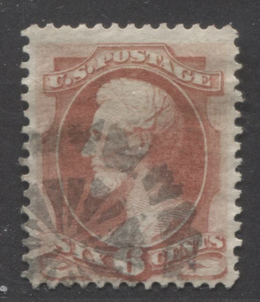 Lot 302 United States of America SC#148 6c carmine 1870-1871 Large Banknote Issue, National Bank Note Printing On Hard Paper, Without Grill And With Fancy Cork Cancel, A Fine Used Single, Click on Listing to See ALL Pictures, Estimated Value $20
