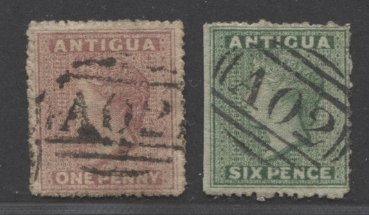 Lot 306 Antigua SC#2c/4 1863-1867 Queen Victoria Line Engraved Issue, Watermarked Small Star, SON A02 Grid Cancels For St. John's, 2 VG & VF Used Singles, Click on Listing to See ALL Pictures, Estimated Value $90