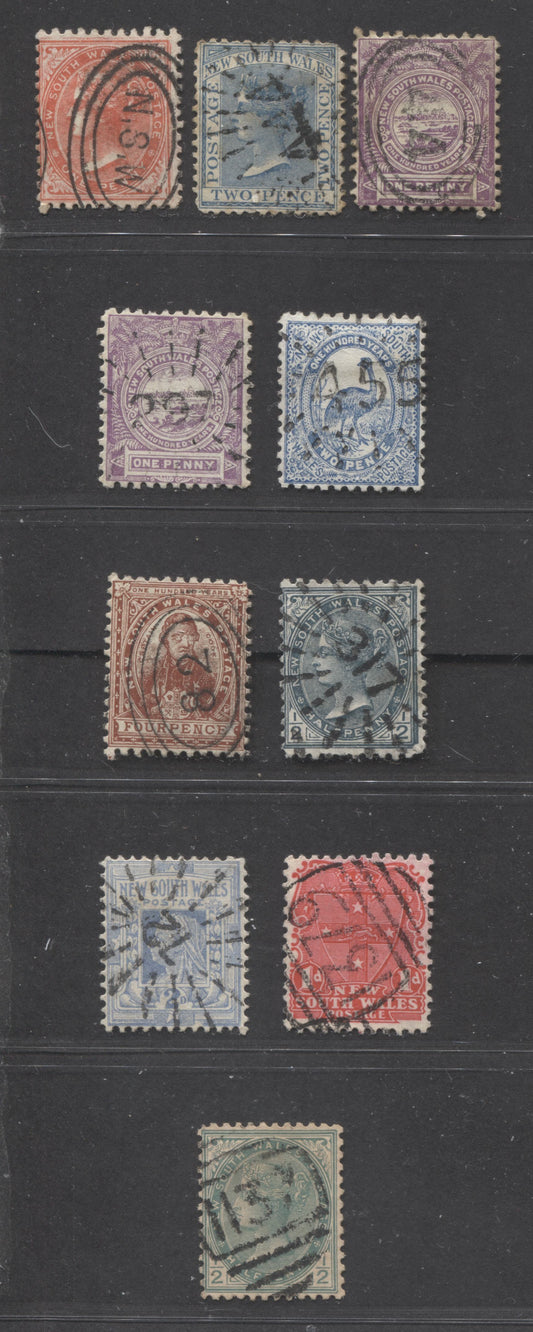 Lot 307 Australia - New South Wales SC#51/102 1871-1897 Queen Victoria, Centenary Issue & Diamond Jubilee, Wmk Small & Large Crown Over NSW, Various Perfs, All With SON Numeral Cancels, 10 VG, F & VF Used Singles,  Estimated Value $20