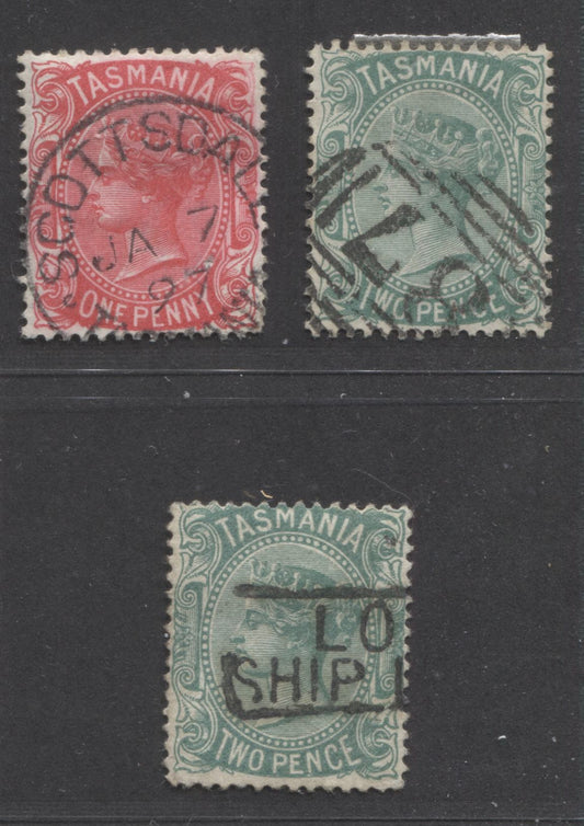Lot 309 Australia - Tasmania SC#60-61 1878 Queen Victoria Keyplates, Perf. 14, TAS Wmk, With SON Scottsdale CDS, #87 Numeral Grid & Local Ship Letter Cancels, 3 VF Used Singles, Click on Listing to See ALL Pictures, Estimated Value $10