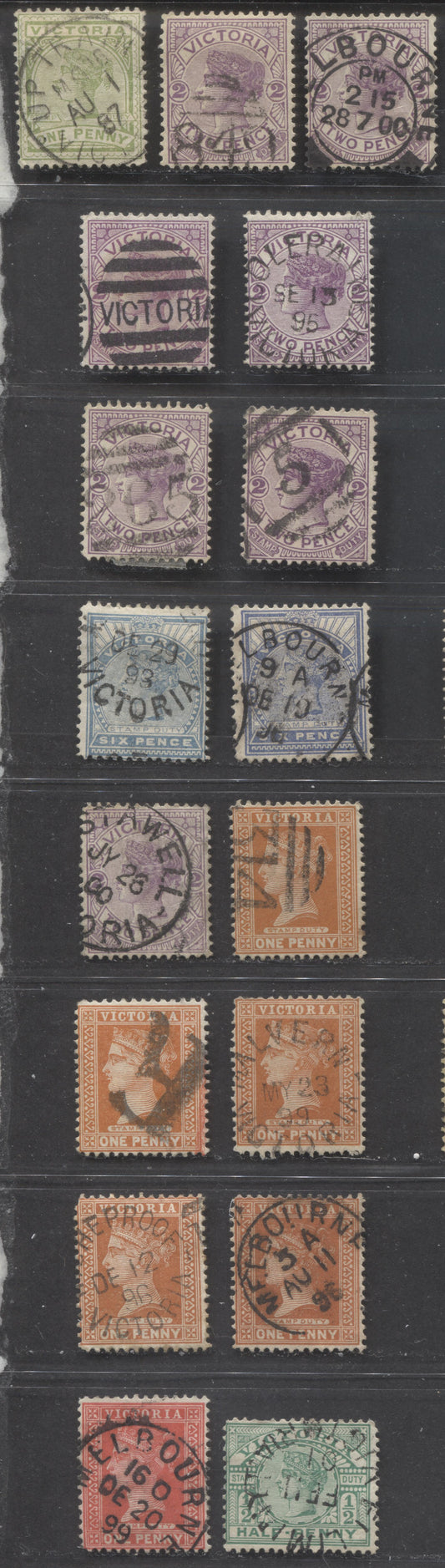 Lot 313 Australia - Victoria SC#161-180 1886-1899 Stamp Duty Keyplates, With SON Town, Railway and Numeral Cancels, 17 VG, F & VF Used Singles, Click on Listing to See ALL Pictures, Estimated Value $15