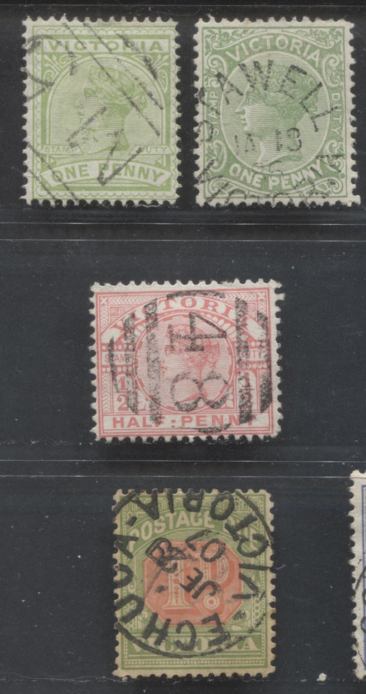 Lot 314 Australia - Victoria SC#147-J26 1884-1909 Stamp Duty Keyplates & Postage Due, With SON Town and Numeral Cancels, 4 Fine & VF Used Singles, Click on Listing to See ALL Pictures, Estimated Value $15