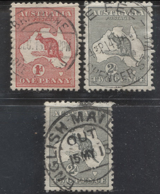 Lot 317 Australia SC#2-3 1913 Kangaroo & Map Issue, First Wmk, Die 1, All With SON Brisbane, English Mail & Late Fee CDS Cancels, 3 Fine &  VF Used Singles, Click on Listing to See ALL Pictures, Estimated Value $15
