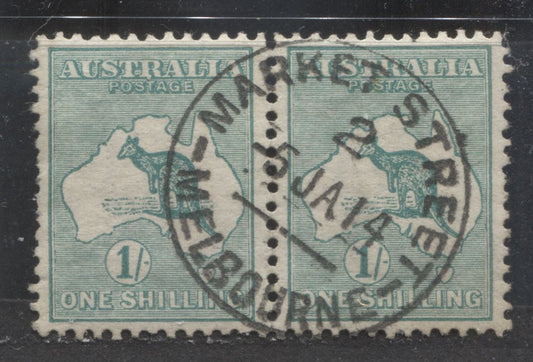 Lot 321 Australia SC#10c 1/- Emerald 1913 Kangaroo & Map Issue, First Wmk Inverted, With SON January 5, 1914 Market St. Melbourne CDS Cancel, A VG & VF Used Pair, Click on Listing to See ALL Pictures, Estimated Value $125