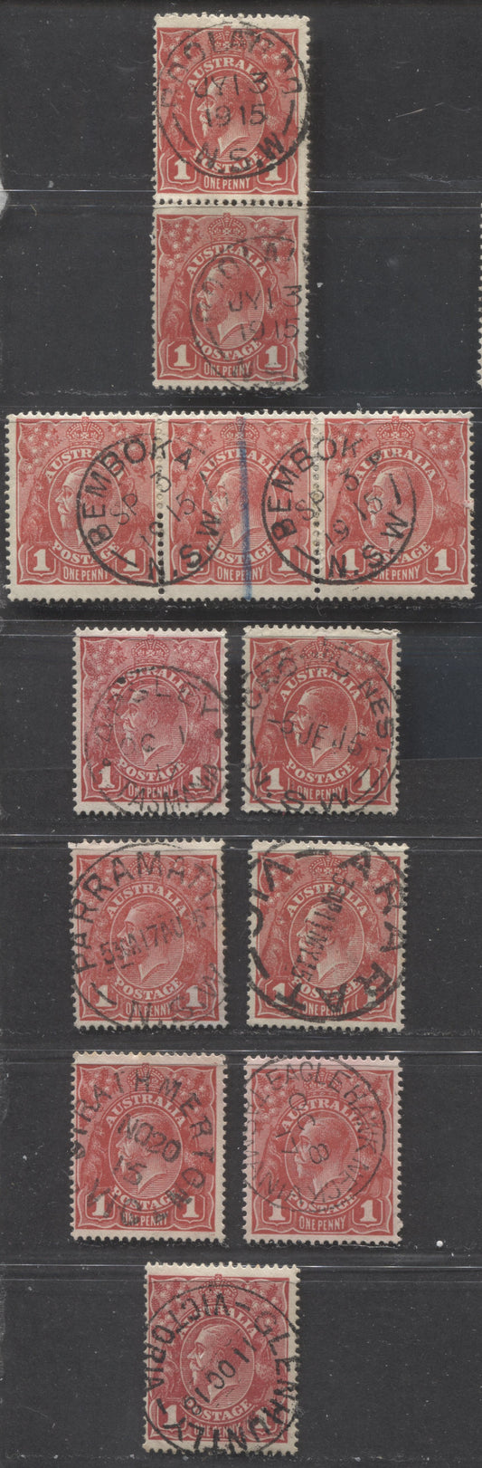 Lot 322 Australia SC#21-21 1914-1924 King George V Profile Heads, Perf. 14.25 x 14 Comb, Different Shades, All With SON Town Cancels, Including Crow's Nest, Eagle Hawk Neck and More!, 7 Fine & VF Used Singles, Pair & Strip of 3, Estimated Value $25